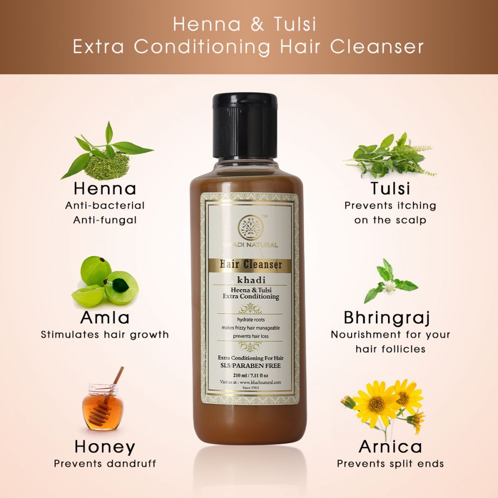 Khadi Natural Herbal Heena Tulsi Extra Conditioning Shampoo/Cleanser, 210  ml - SLS / PARABEN Free - Set of 2 